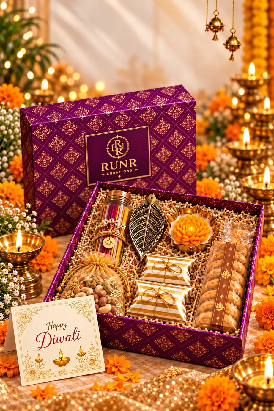 The Elevate box, open, with incense, a leaf holder, a candle urli, dates, nuts, cookies and a Diwali card