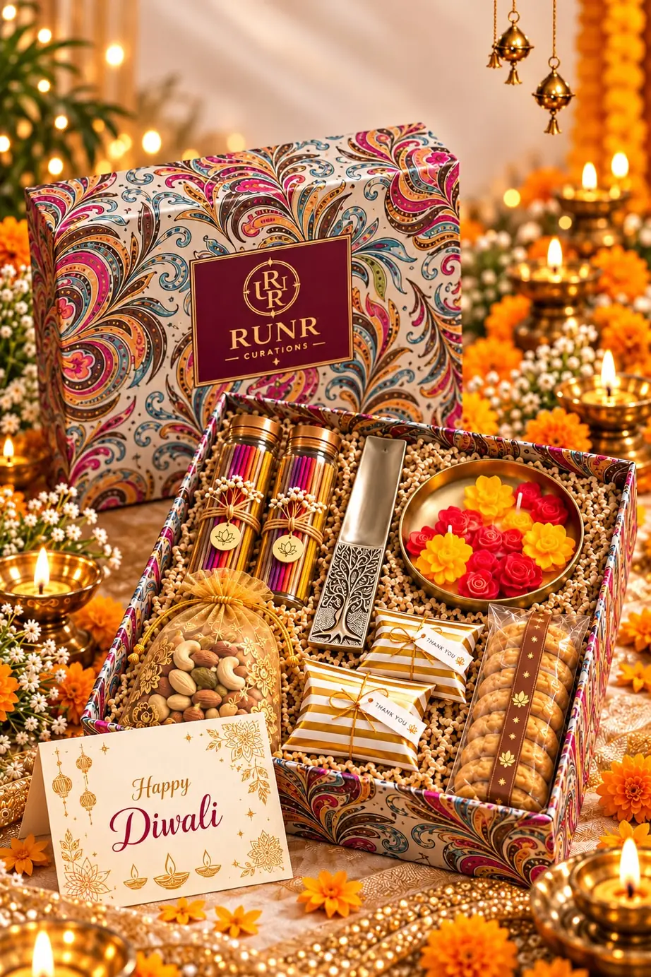 The Signature box, open, with two incense tubes, a metal holder, a brass urli candle and a Diwali card