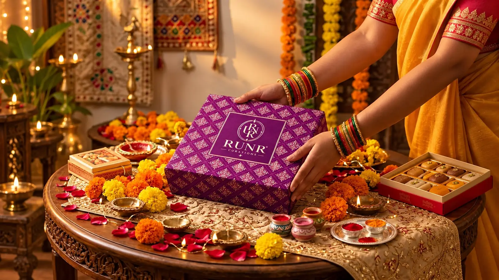 A plum gift box being set down on a Diwali table