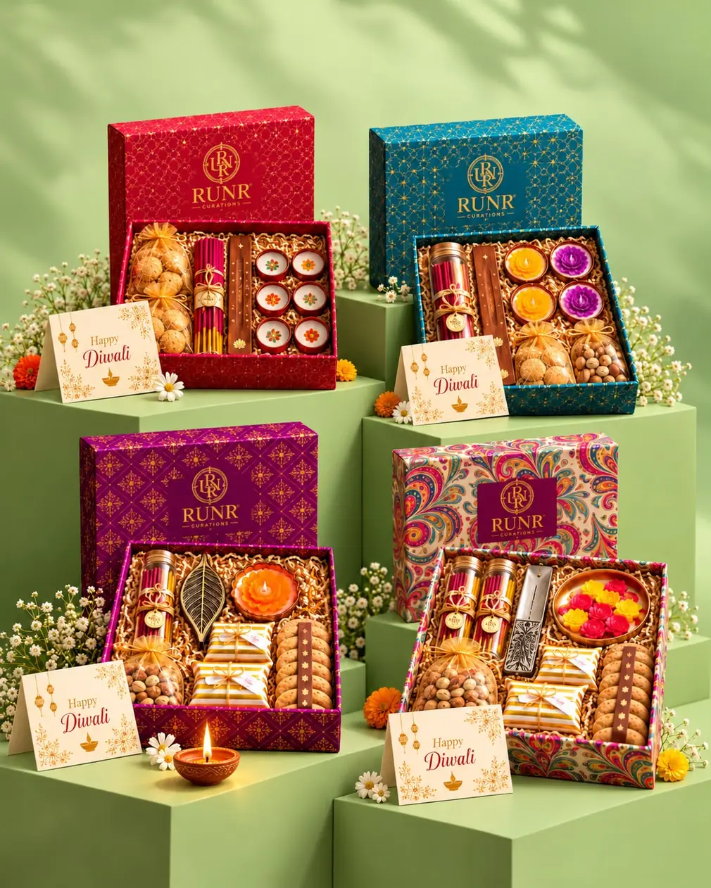 The four Diwali 2026 boxes, open, on green stands